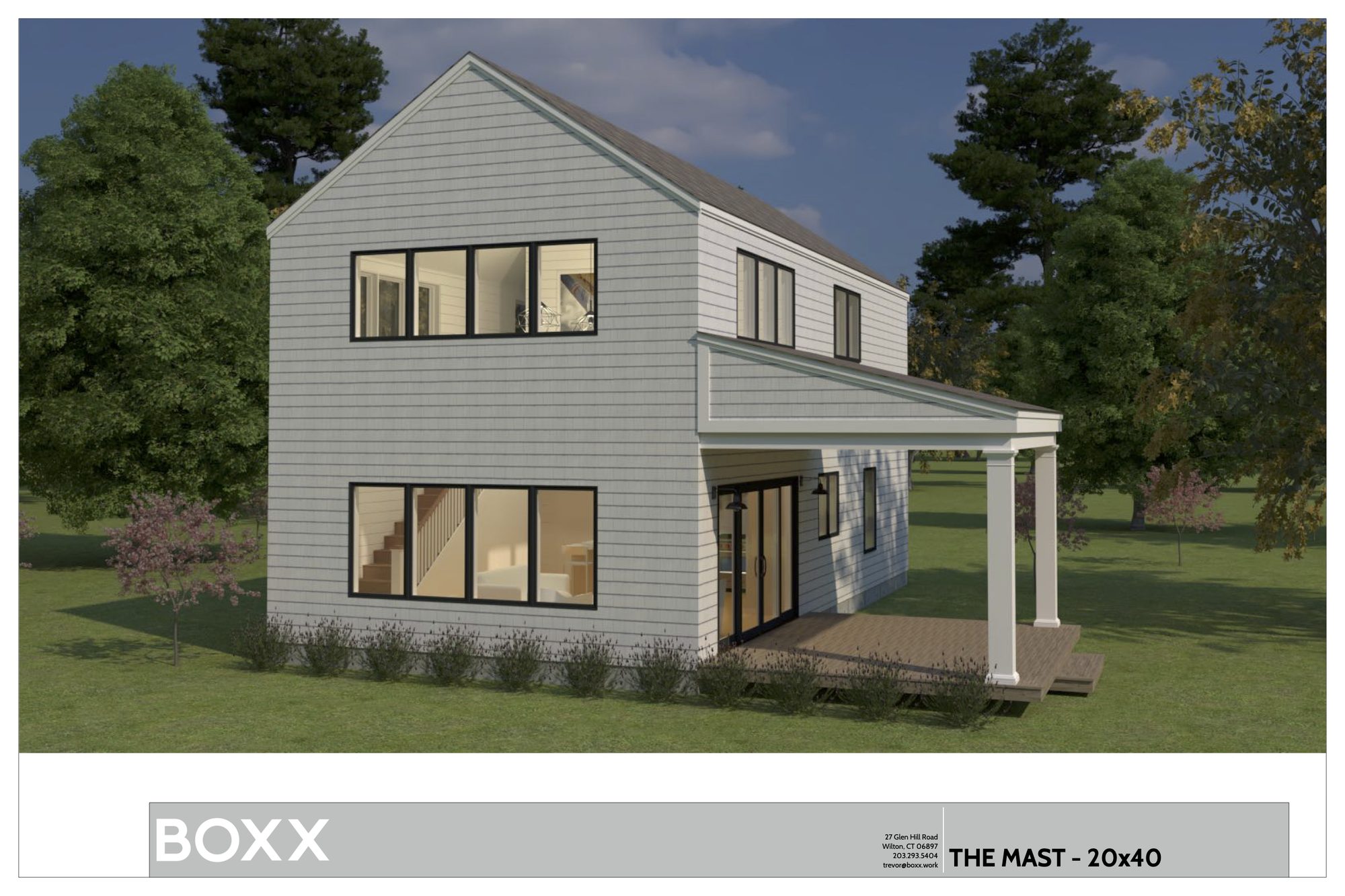 The Mast — exterior rendering with dimensions